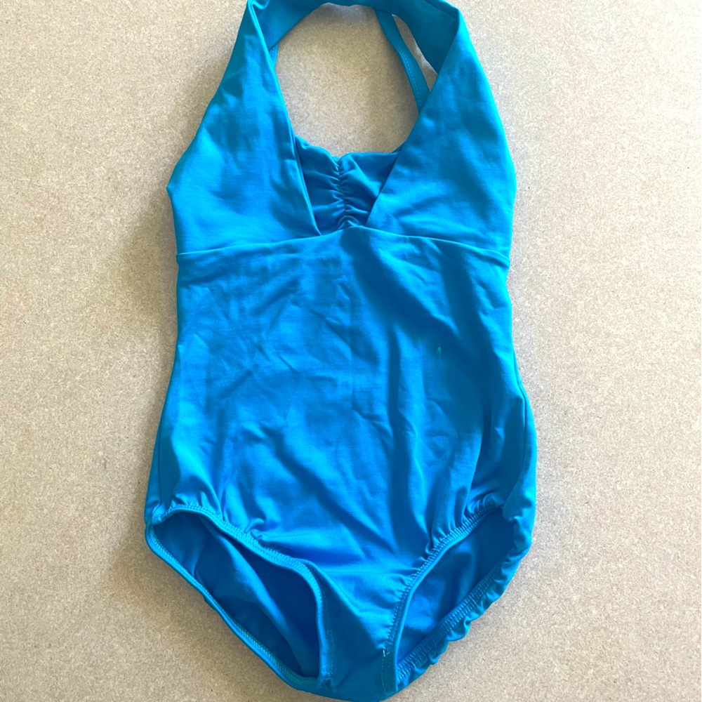 Block cotton teal blue halter dance leotard.